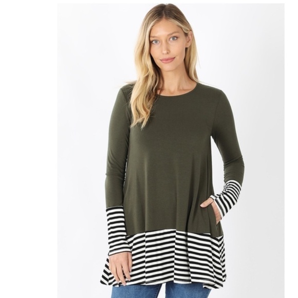 Zenana Premium Striped Bottom Green Swing Tunic Top with Pockets NEW Medium - Picture 2 of 3